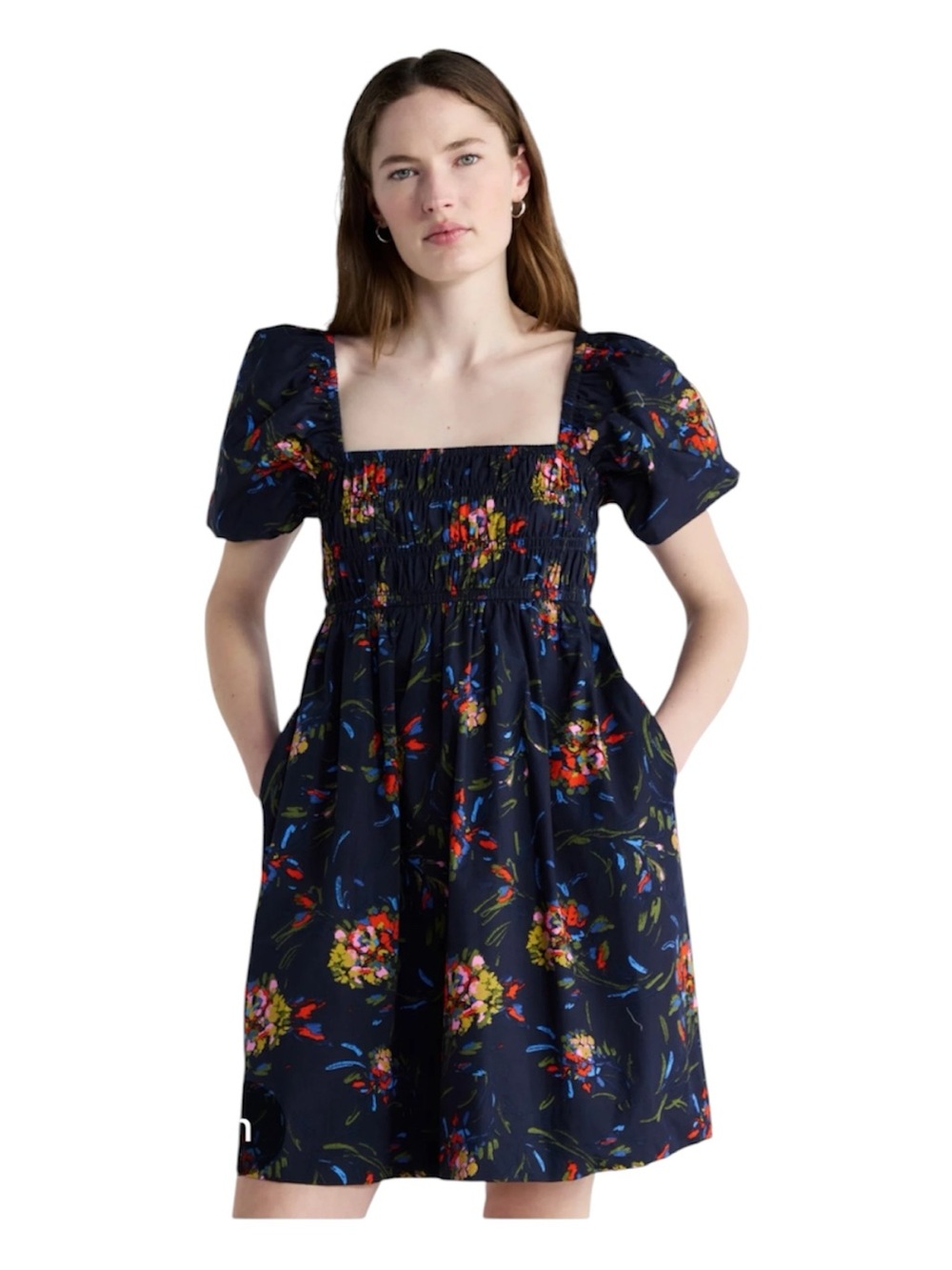 Free Assembly Square-Neck Navy Floral Puff-Sleeve Mini Dress
